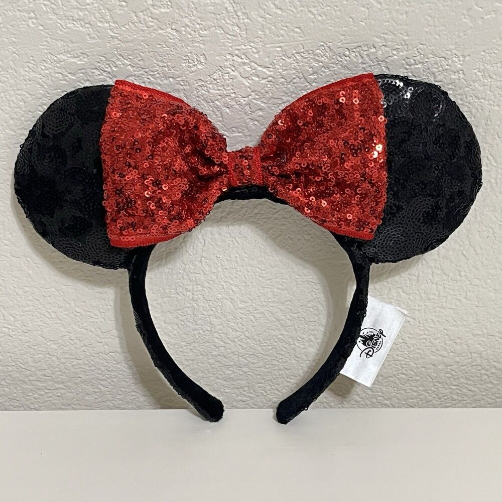 Disney Parks Minnie Mouse Ears Red Bow Black Sequin Headband